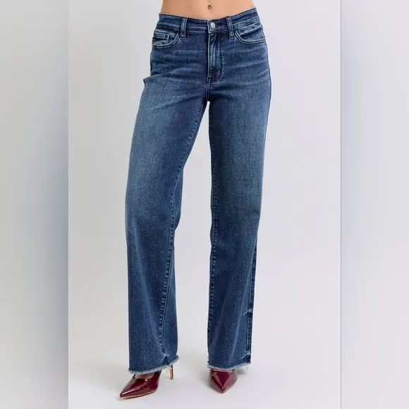 Judy Blue Mid-Rise Straight Leg Boyfriend Relaxed Jeans Raw Hem Denim Pants