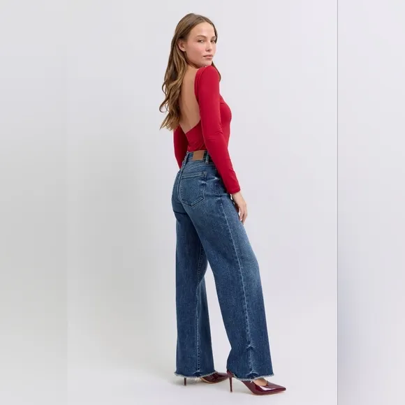 Judy Blue Mid-Rise Straight Leg Boyfriend Relaxed Jeans Raw Hem Denim Pants