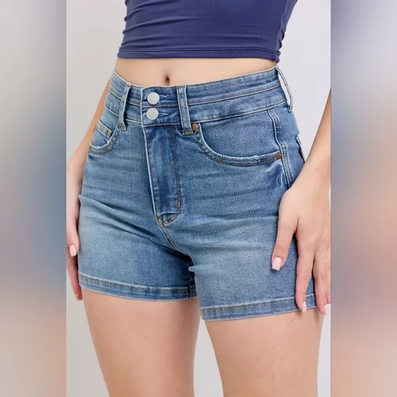 Judy Blue Tummy Control High Rise Double Button Denim Mid-length Jean Shorts