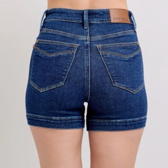 Judy Blue Tummy Control High-Rise Relaxed Boyfriend Fit Blue Jean Denim Shorts
