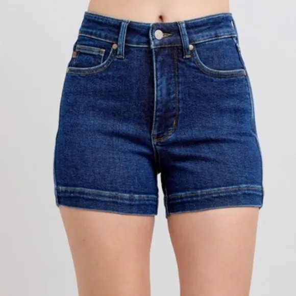 Judy Blue Tummy Control High-Rise Relaxed Boyfriend Fit Blue Jean Denim Shorts