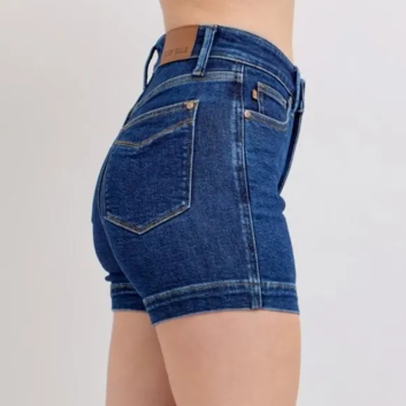 Judy Blue Tummy Control High-Rise Relaxed Boyfriend Fit Blue Jean Denim Shorts