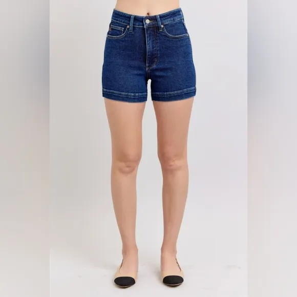 Judy Blue Tummy Control High-Rise Relaxed Boyfriend Fit Blue Jean Denim Shorts