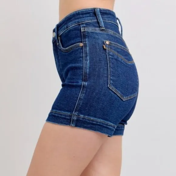 Judy Blue Tummy Control High-Rise Relaxed Boyfriend Fit Blue Jean Denim Shorts