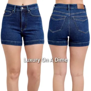 Judy Blue Tummy Control High-Rise Relaxed Boyfriend Fit Blue Jean Denim Shorts