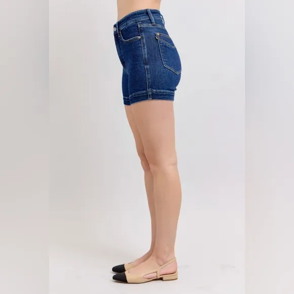 Judy Blue Tummy Control High-Rise Relaxed Boyfriend Fit Blue Jean Denim Shorts