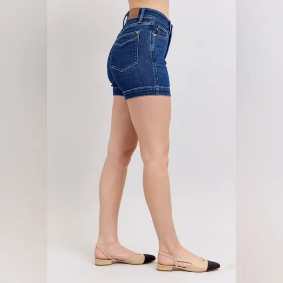 Judy Blue Tummy Control High-Rise Relaxed Boyfriend Fit Blue Jean Denim Shorts