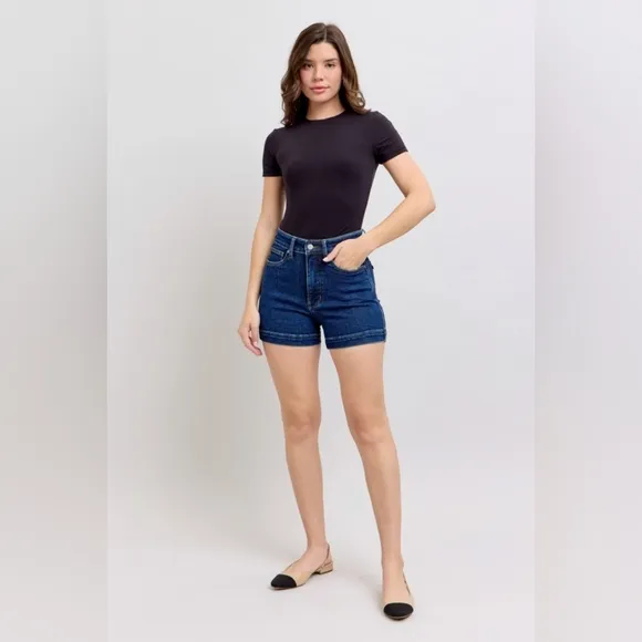 Judy Blue Tummy Control High-Rise Relaxed Boyfriend Fit Blue Jean Denim Shorts
