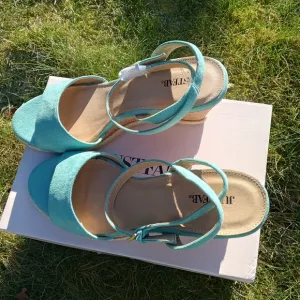 JustFab Blue Wedge Sandals with Ankle Strap