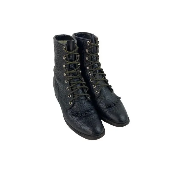 Justin Black Kiltie Tassel Pebbled Leather Western Roper Boots Womens Size 6.5B