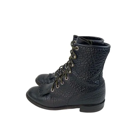 Justin Black Kiltie Tassel Pebbled Leather Western Roper Boots Womens Size 6.5B