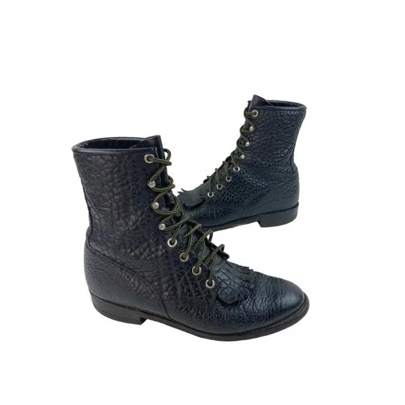 Justin Black Kiltie Tassel Pebbled Leather Western Roper Boots Womens Size 6.5B