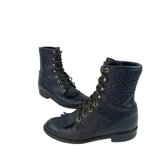 Justin Black Kiltie Tassel Pebbled Leather Western Roper Boots Womens Size 6.5B