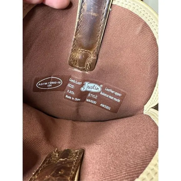 JUSTIN Boots Stampede Rush Leather Work Boots Mens 12 D H2O EH WK4330 Soft Toe