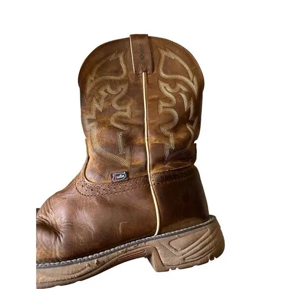 JUSTIN Boots Stampede Rush Leather Work Boots Mens 12 D H2O EH WK4330 Soft Toe