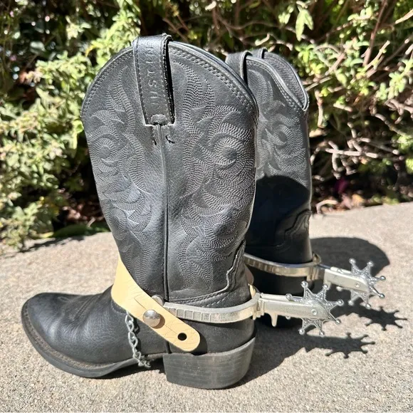 Justin Embroidered Cowboy Boots Black Leather Size Youth 13D Oil Resistant Soles