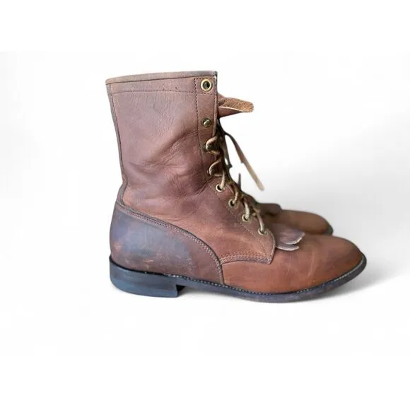 Justin L575 Women’s Roper Boots Lace Up 9B Brown Western Leather
