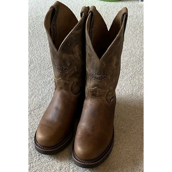 Justin Mens Leather Work Boots J-Max Blueprint Bay Gaucho 9D Pull-On $240 New