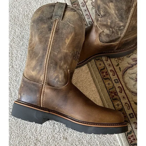 Justin Mens Leather Work Boots J-Max Blueprint Bay Gaucho 9D Pull-On $240 New