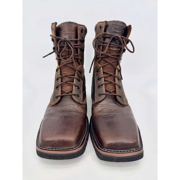 JUSTIN Original Pulley Brown Leather Lace Up Square Toe Work Boots Size 13 13D