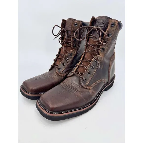 JUSTIN Original Pulley Brown Leather Lace Up Square Toe Work Boots Size 13 13D