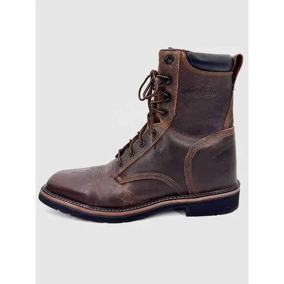 JUSTIN Original Pulley Brown Leather Lace Up Square Toe Work Boots Size 13 13D