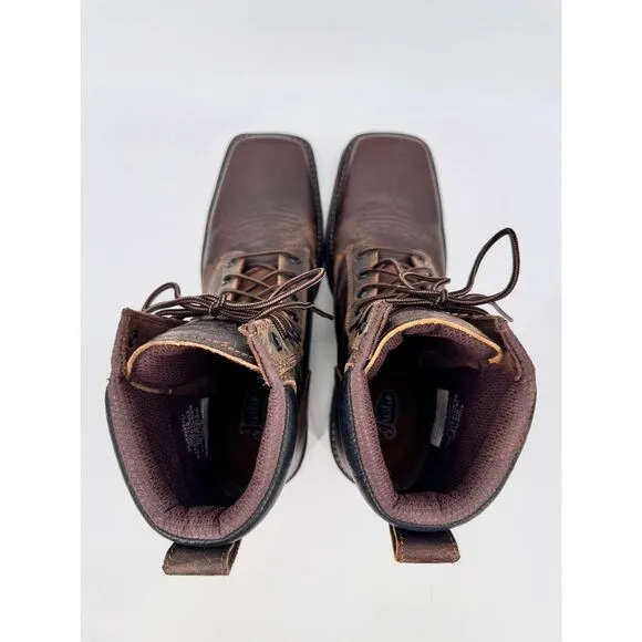 JUSTIN Original Pulley Brown Leather Lace Up Square Toe Work Boots Size 13 13D