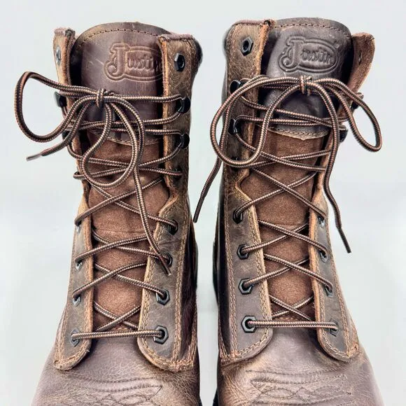 JUSTIN Original Pulley Brown Leather Lace Up Square Toe Work Boots Size 13 13D