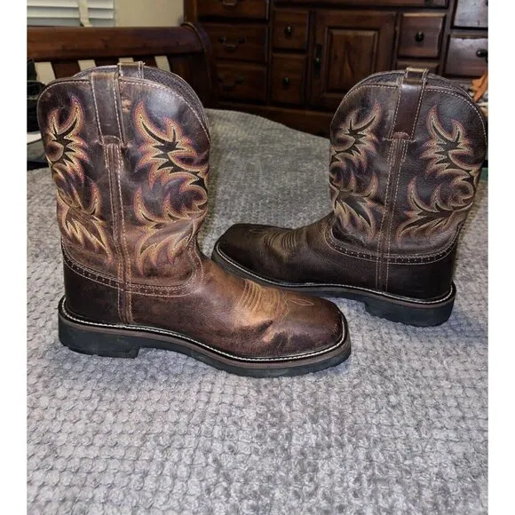 JUSTIN Square Toe Brown Leather Sz 12 D Original Cowboy Work Boots