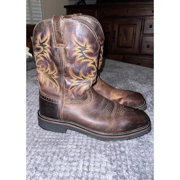 JUSTIN Square Toe Brown Leather Sz 12 D Original Cowboy Work Boots