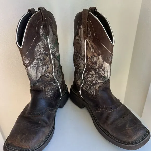 Justin Stampede Camo Work Boots Mens Size 9 Waterproof Brown Western Cowboy