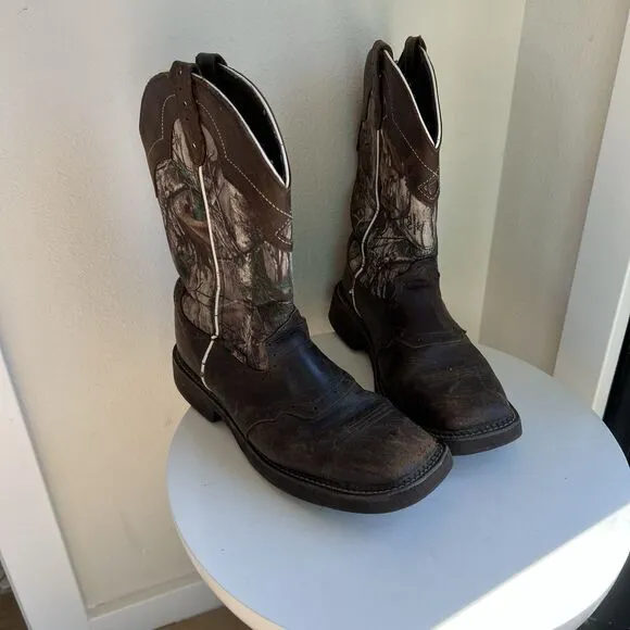 Justin Stampede Camo Work Boots Mens Size 9 Waterproof Brown Western Cowboy