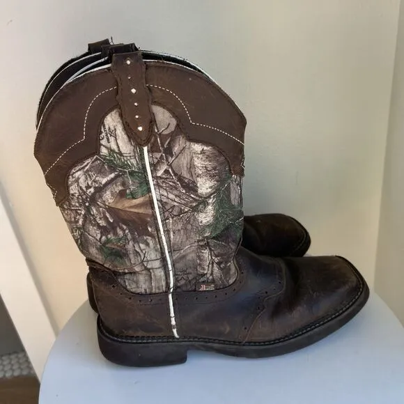 Justin Stampede Camo Work Boots Mens Size 9 Waterproof Brown Western Cowboy