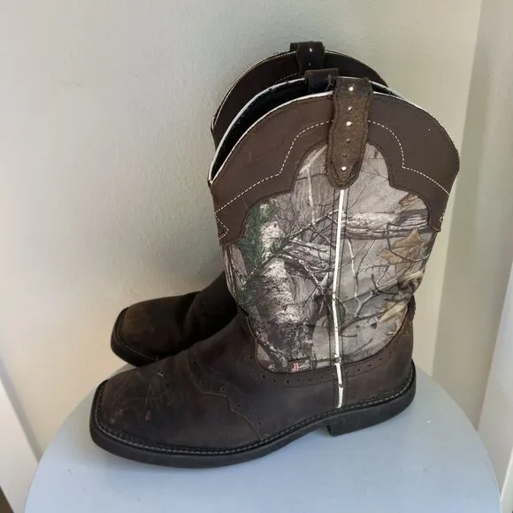 Justin Stampede Camo Work Boots Mens Size 9 Waterproof Brown Western Cowboy