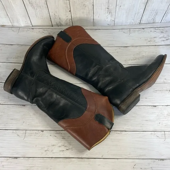 Justin Wizard Knee High Black and Mahogany Leather Riding Style Boots