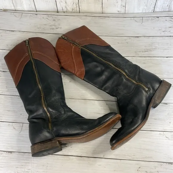 Justin Wizard Knee High Black and Mahogany Leather Riding Style Boots
