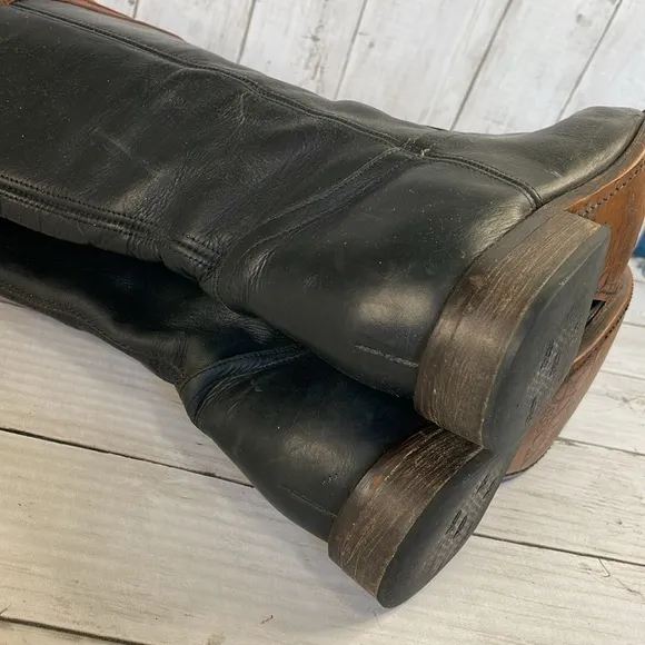 Justin Wizard Knee High Black and Mahogany Leather Riding Style Boots