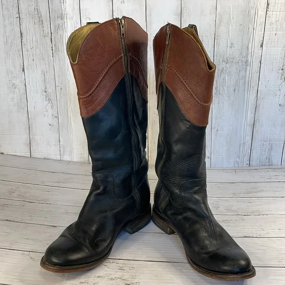 Justin Wizard Knee High Black and Mahogany Leather Riding Style Boots