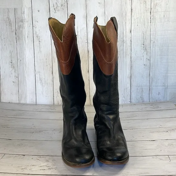 Justin Wizard Knee High Black and Mahogany Leather Riding Style Boots