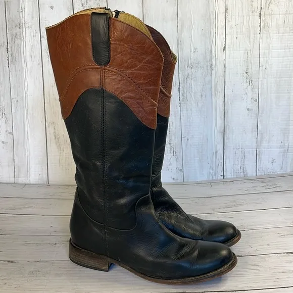 Justin Wizard Knee High Black and Mahogany Leather Riding Style Boots
