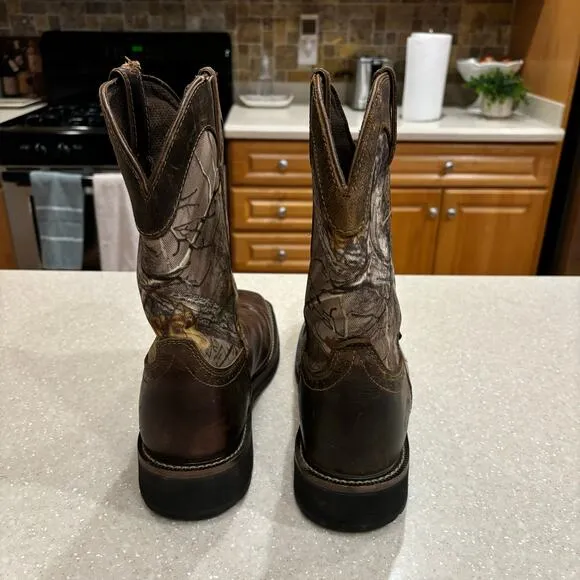 Justin Work Boots Mens SZ 9.5D Brown RealTree Camo Steel Toe Waterproof Leather