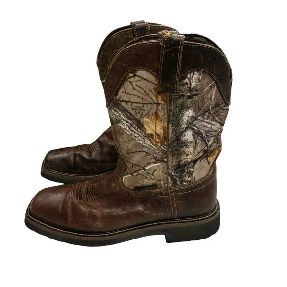 Justin Work Boots Mens SZ 9.5D Brown RealTree Camo Steel Toe Waterproof Leather