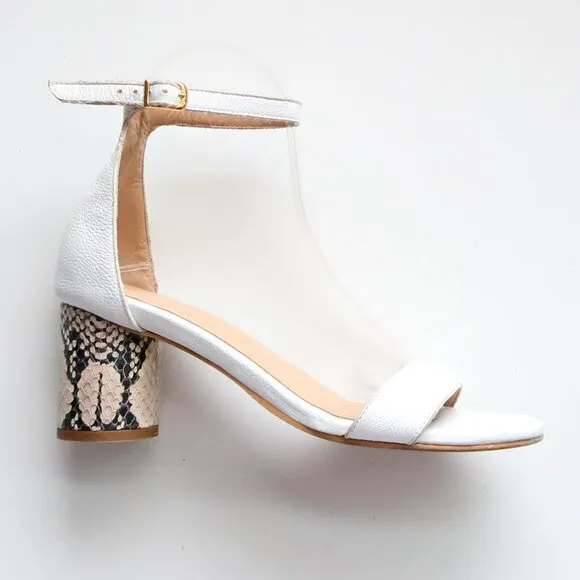 KAANAS Anthropologie White Leather Colum Heel Ankle Strap Sandals Snakeskin 7