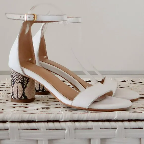 KAANAS Anthropologie White Leather Colum Heel Ankle Strap Sandals Snakeskin 7