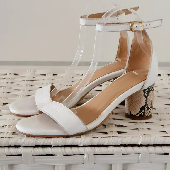 KAANAS Anthropologie White Leather Colum Heel Ankle Strap Sandals Snakeskin 7