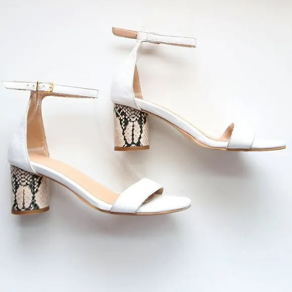 KAANAS Anthropologie White Leather Colum Heel Ankle Strap Sandals Snakeskin 7