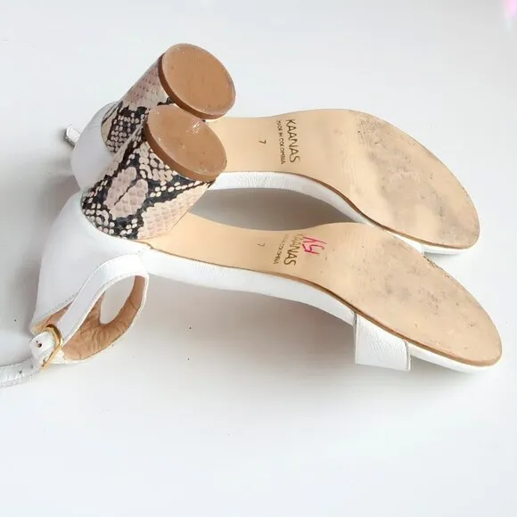 KAANAS Anthropologie White Leather Colum Heel Ankle Strap Sandals Snakeskin 7
