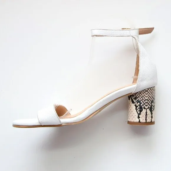 KAANAS Anthropologie White Leather Colum Heel Ankle Strap Sandals Snakeskin 7