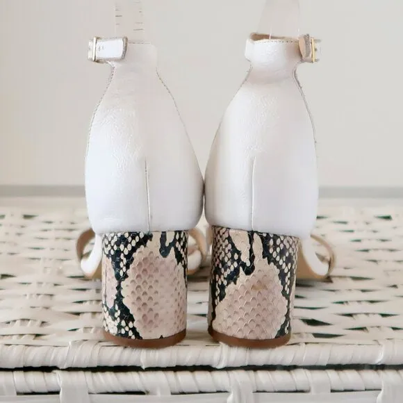 KAANAS Anthropologie White Leather Colum Heel Ankle Strap Sandals Snakeskin 7