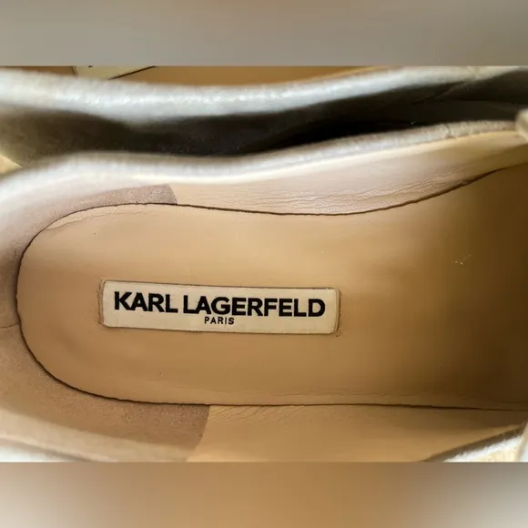 Karl Lagerfeld Brea Leather Platform Loafers. Chain detail on platform. Silver 9